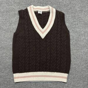 Sunday Best Sweater Vest Womens 2XS Brown Cable Knit V Neck Preppy Striped Trim